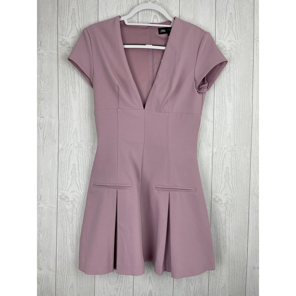VIRAL Zara Box Pleat Mini Dress Deep VNeck Dusty Pink/Lilac Colored Sz M NWT